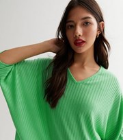 New Look Green Ribbed Fine Knit V Neck Batwing Top